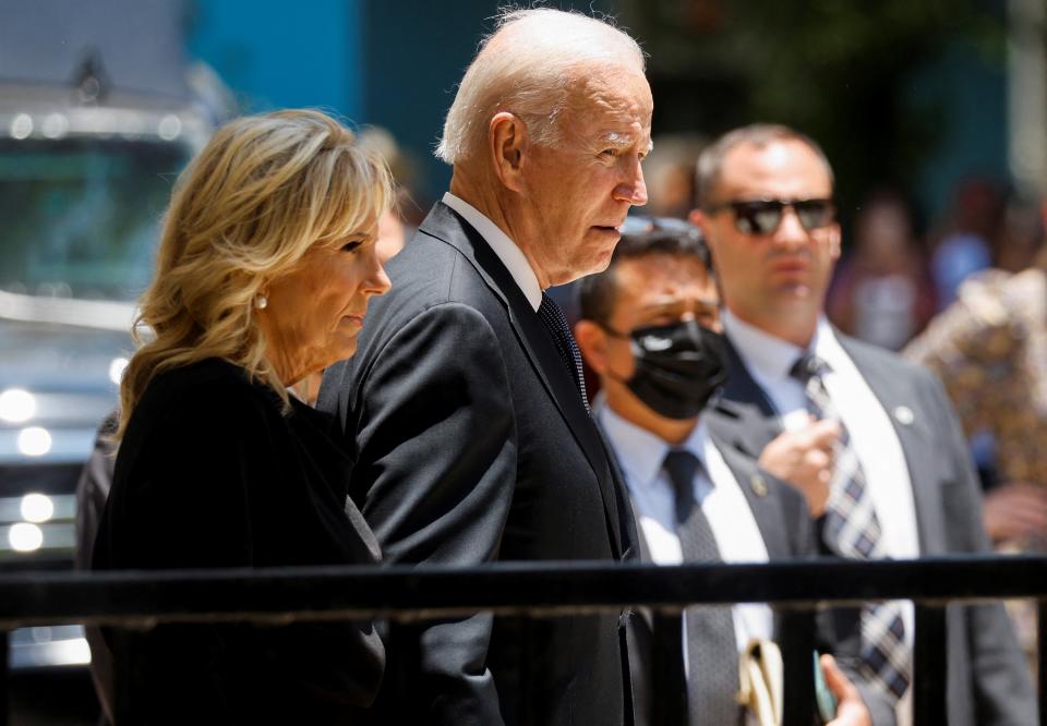 President Joe Biden and first lady Jill Biden leave the Sacred Heart Catholic Church after attending mass following a visit to pay their respects at a memorial at Robb Elementary School (REUTERS)