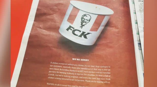 KFC issued an apology over the uK chicken shortage. Photo: Twitter