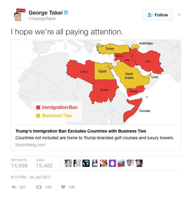 George Takei posted on Twitter, sharing an article that made people think about the immigration ban. He wrote, "I hope we're all paying attention."&nbsp;