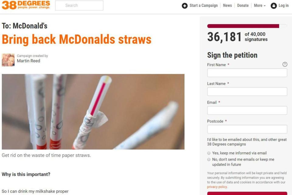 More than 36,000 have backed a petition to bring back McDonald's plastic straws (38 Degrees )