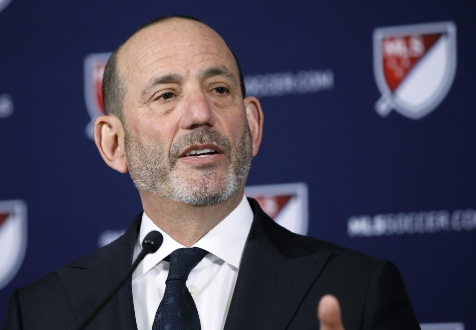 FILE - In this April 18, 2019, file photo, Major League Soccer Commissioner Don Garber speaks at a news conference in Los Angeles. The big unknown for Sacramento Republic FC is how long MLS will wait for the franchise to put together a new lead investor group when so many other cities seem to be chomping for a chance at an expansion team. Commissioner Garber has expressed his support for the viability of the Sacramento market. (AP Photo/Alex Gallardo, File)