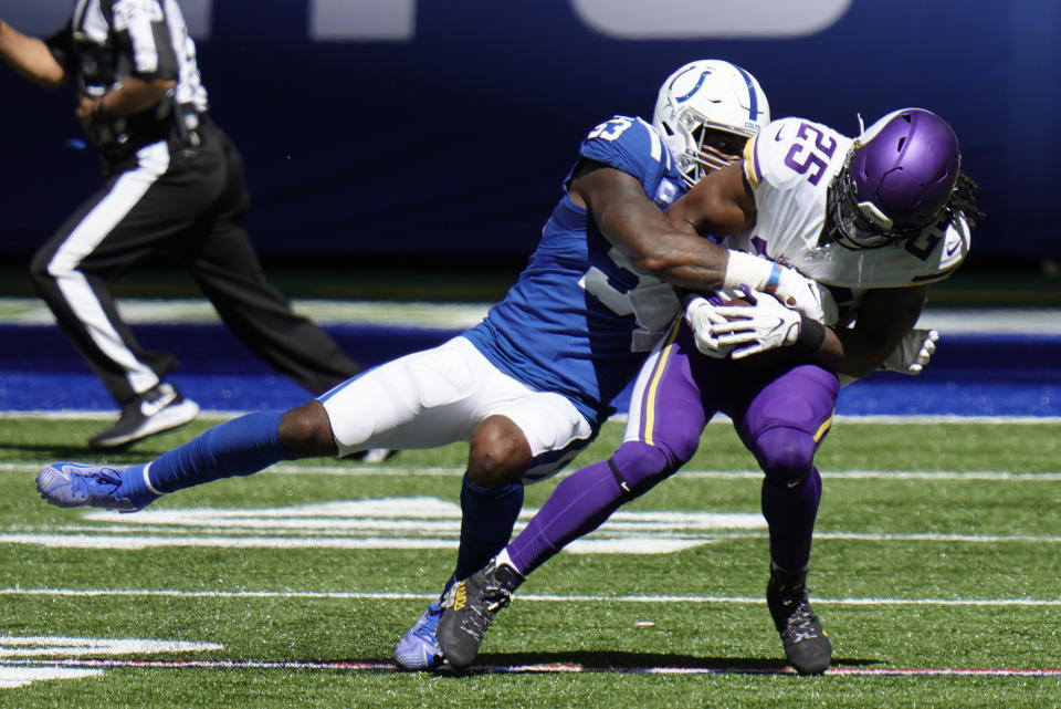 Minnesota Vikings' Alexander Mattison (25) is tackled by Indianapolis Colts' Darius Leonard (53) during the first half of an NFL football game, Sunday, Sept. 20, 2020, in Indianapolis. (AP Photo/AJ Mast)