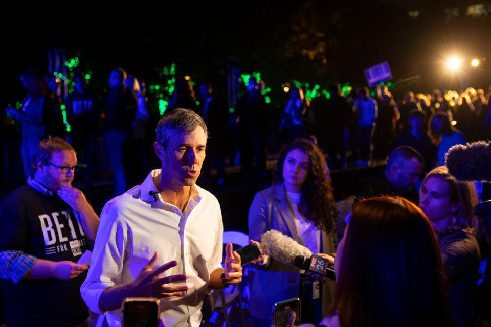 Democrat Beto O’Rourke speaks to the media following a rally for his Texas gubernatorial campaign at Discovery Green Friday, Nov. 19, 2021 in Houston.