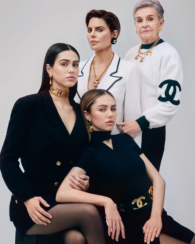 <p>Three generations of gorgeousness! The mother of two posed with her mother Lois, 91, and model daughters Amelia Gray, 19, and Delilah Belle, 22, for this epic shoot with vintage retailer What Goes Around Comes Around. </p>