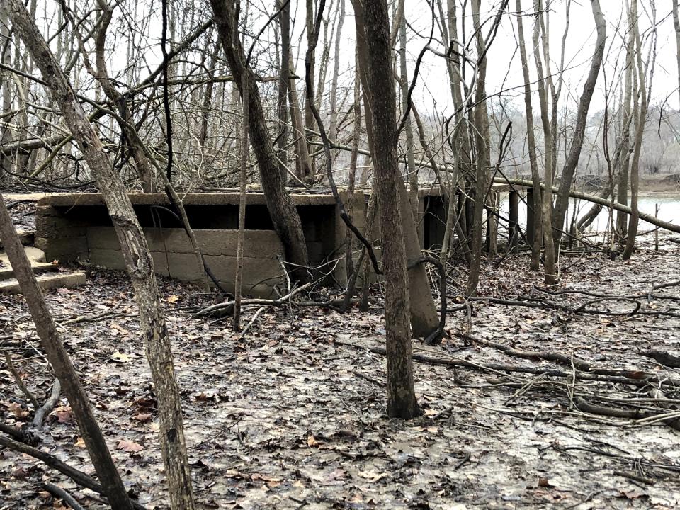 This photo taken March 10, 2020, in Arnold, Missouri, shows the ruins of an abandoned house along the Meramec River. The city of Arnold has bought out hundreds of homes along the waterfront, creating more open space and wetlands where the river can spread out during floods without doing serious damage. Arnold is among a number of U.S. heartland communities taking such steps as an alternative to relying solely on levees and other man-made infrastructure to control floods. (AP Photo/John Flesher)