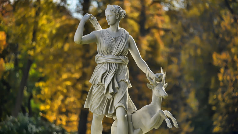 Statue of Roman goddess Diana and deer