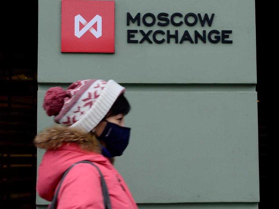 A logo sits on display at the entrance to the headquarters of the Micex-RTS Moscow Exchange, in Moscow, Russia on January, 26,2016.