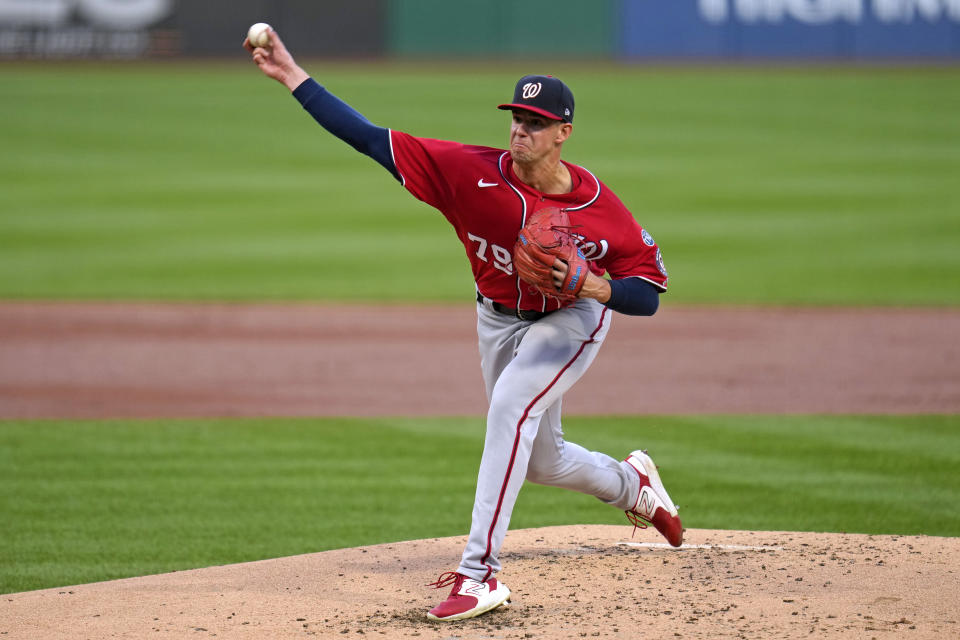 Washington Nationals starting pitcher Jackson Rutledge, making his debut in the majors, delivers during the first inning against the Pittsburgh Pirates in a baseball game Wednesday, Sept. 13, 2023, in Pittsburgh. (AP Photo/Gene J. Puskar)