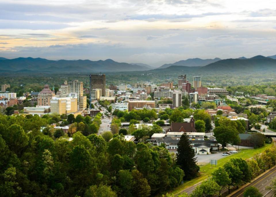 The skyline of downtown Asheville at sunset.