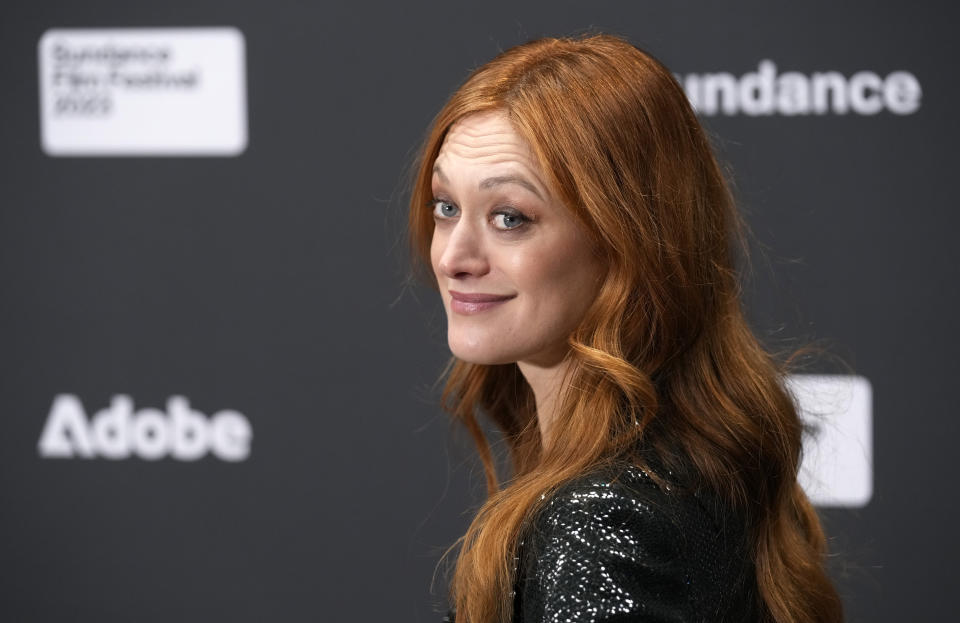 Marin Ireland, a cast member in "Eileen," turns back for photographers at the premiere of the film at the 2023 Sundance Film Festival, Saturday, Jan. 21, 2023, in Park City, Utah. (AP Photo/Chris Pizzello)
