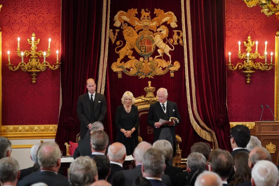 Prince William, left, and the Queen Consort attend the privy council meeting on Saturday after the proclamation of Charles III as King (Getty)