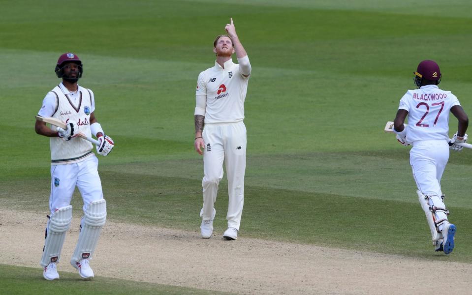 England captain Ben Stokes reacts as West Indian batsmen Jermaine Blackwood and Roston score runs  - Getty Images