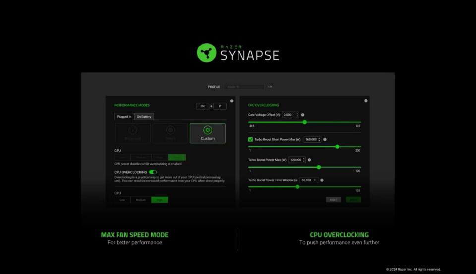 ▲同樣可透過Razer Synapse軟體進行個人化設定，其中包含調整處理器超頻方式、插電或以電池使用時的運作模式