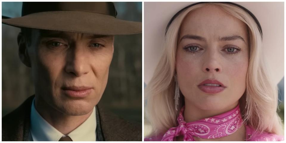 Side by side photos of Cillian Murphy as Oppenheimer and Margot Robbie as Barbie