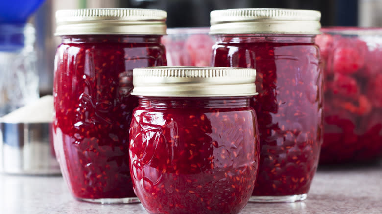 Jars of raspberry jam