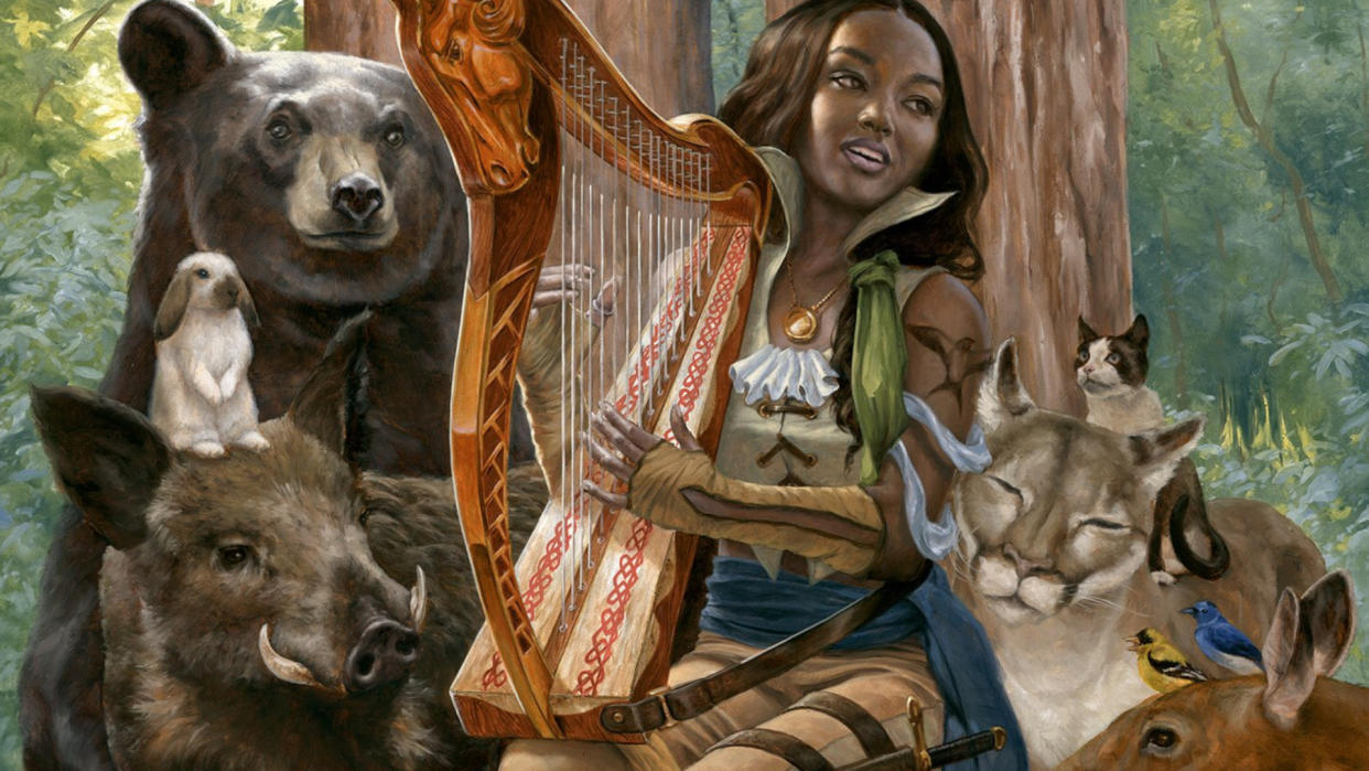  A Bard from D&D plays the harp in front of an array of animals 