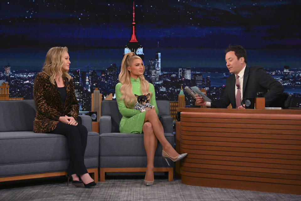 Paris (R) and Kathy Hilton on “The Late Show Starring Jimmy Fallon” on Jan. 24, 2022. - Credit: Nathan Congleton/NBC