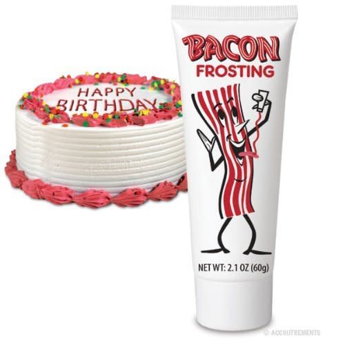 Perfect if you want a cake that could please maybe five people.   <a href="http://www.amazon.com/Accoutrements-Bacon-Frosting/dp/B005RD7AYY/ref=sr_1_133?ie=UTF8&qid=1354635948&sr=8-133&keywords=bacon">Amazon.com</a>, <strong>$6.99</strong> 