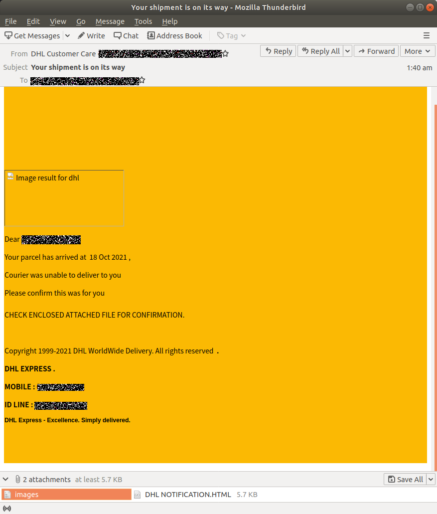 A copy of the fraudulent DHL email.