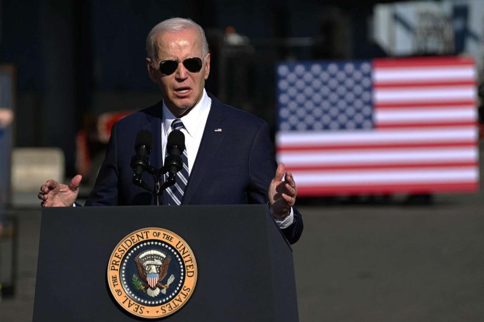 PHOTO: President Joe Biden speaks at Tioga Marine Terminal, on Oct.13, 2023, in Philadelphia. (Mark Makela/Getty Images)
