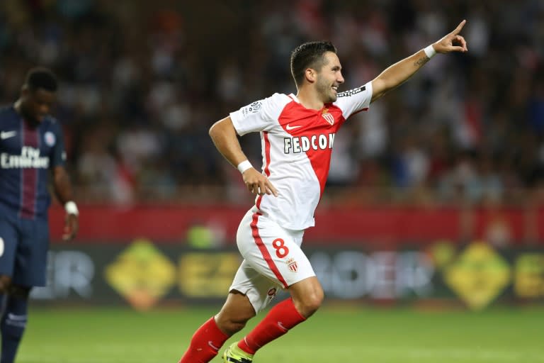 Monaco's midfielder Joao Moutinho celebrates after scoring a goal on August 28, 2016 at the Louis II Stadium in Monaco