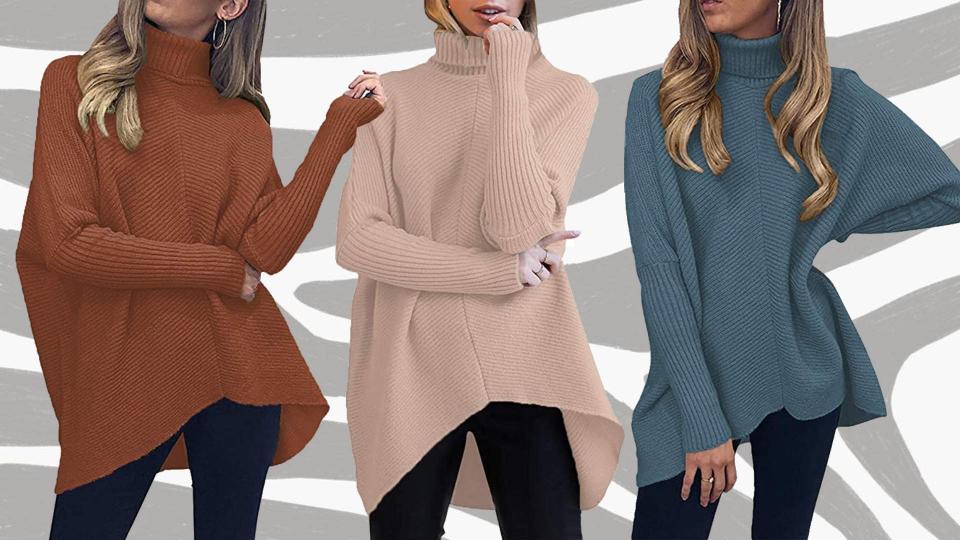 Photos of three different colors (brown, tan, teal) of the sweater.