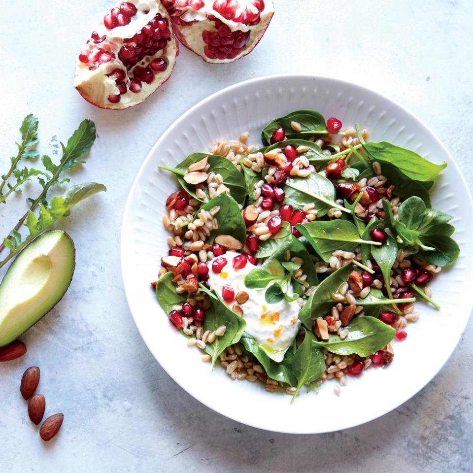 Pomegranate-Farro Breakfast Salad with Honey Ricotta