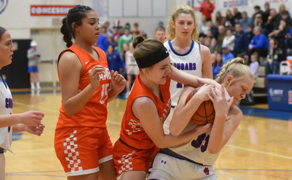 Mia Miller of Summerfield and Lenawee Christian's Callie Anderson fight for the ball during Summerfield's 43-34 win over Lenawee Christian in the finals of the Division 4 District at Lenawee Christian on Friday, March 8, 2024.