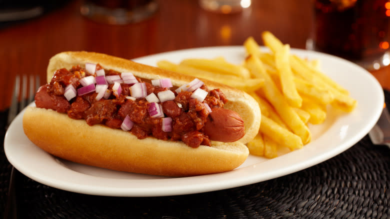 chili dog with fries