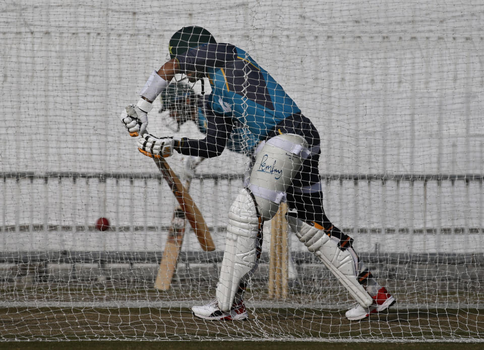 Pakistani batsmen Babar Azam and Abid Ali attend a practice session for the first test match against Sri Lanka at the Pindi stadium in Rawalpindi, Pakistan, Monday, Dec. 9, 2019. (AP Photo/Anjum Naveed)