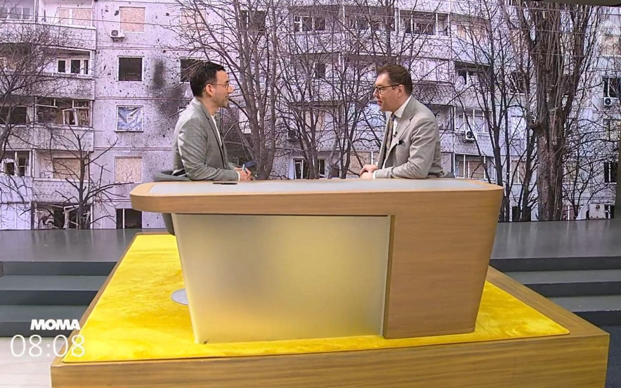 Oleksii Makeiev (rechts) sprach im "ARD-Morgenmagazin" mit Moderator Till Nassif über weitere Waffenlieferungen an die Ukraine. (Bild: ARD)