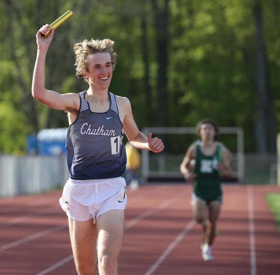 Sam Ellis crosses the finish line in the final leg as his team won the boys 4x1600 held during Morris County Relays on May 12, 2021. The Chatham boys relay team ran 18:09.09, the No. 1 time in New Jersey so far this season.