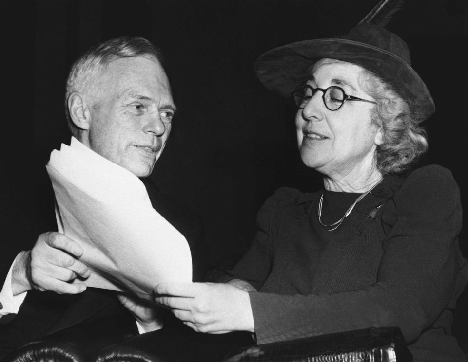 In this Feb. 2, 1940, photo, Jeannette Rankin, right, the nation's first woman to be elected to Congress, is seen with Frederick J. Libby at the House Naval Affairs Committee in Washington, D.C.