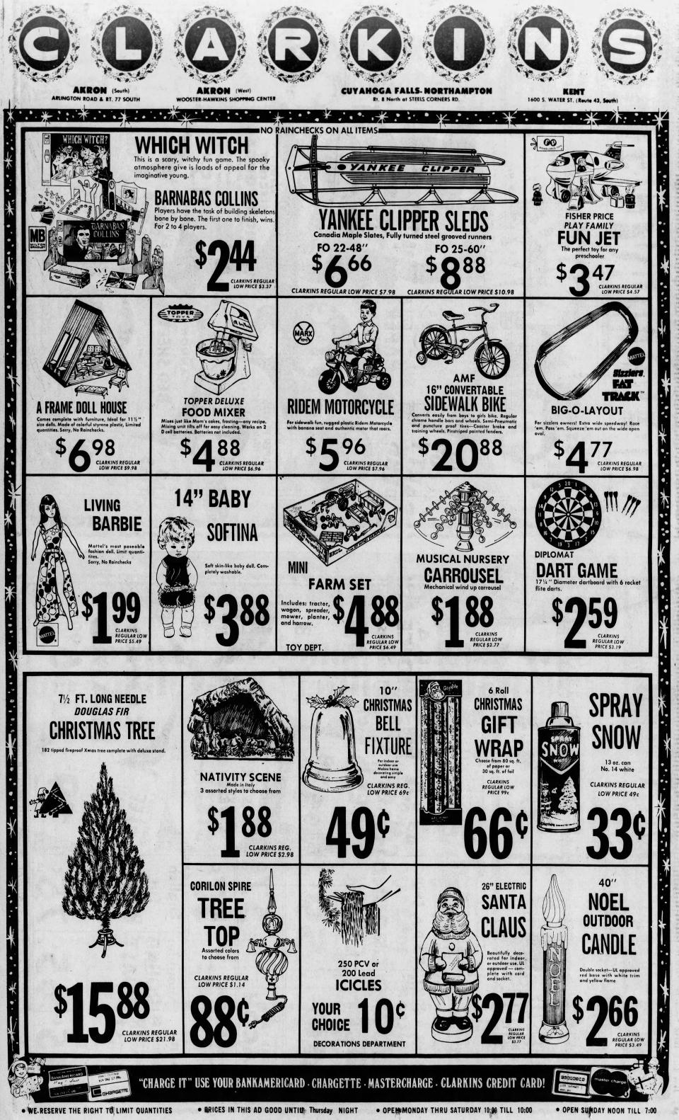 Here are some of the bargains that Clarkins offered to Christmas shoppers in December 1971.