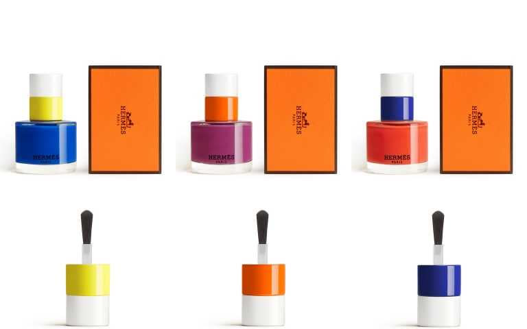 Les Mains Hermès 指彩護手系列指甲油 #62 Bleu Électrique湛藍色、#48 Ultraviolet:濃冽的紫外線色、#36 Orange Tonique珊瑚橘。Les Mains Hermès 指甲油2024春夏限量珍藏版 15ml / 1,940元（圖／品牌提供）