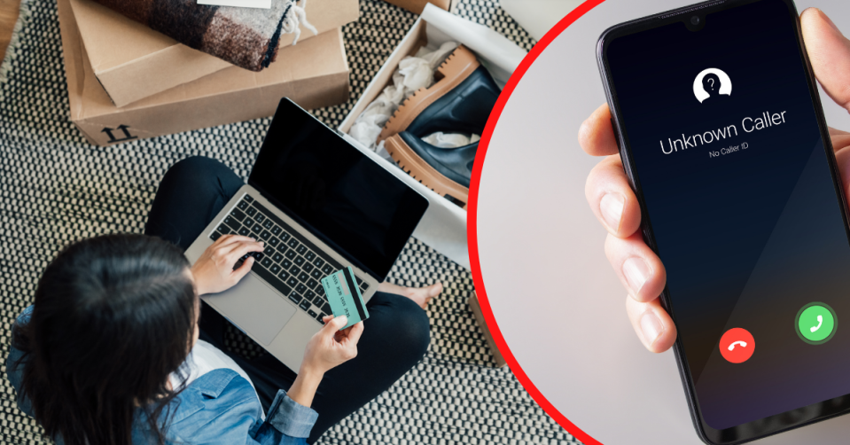 A young woman doing online shopping and a hand holding a phone receiving a call from an unknown number.