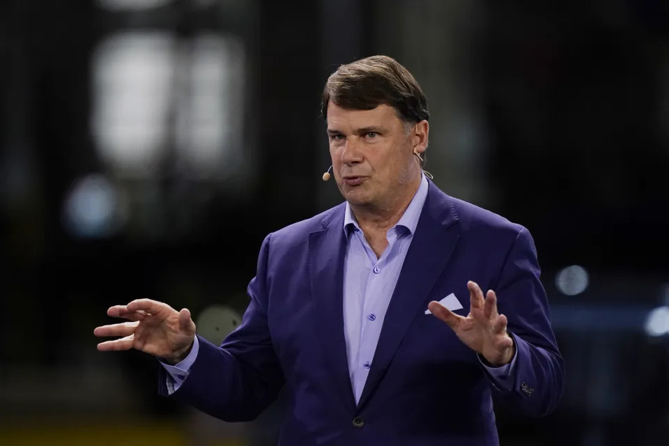 Jim Farley, CEO of the Ford Motor Company talks during the official launch of the Ford F-150 electric truck at the Rouge Electric Vehicle Center, Tuesday, April 26, 2022, in Dearborn, Mich. (AP Photo/Carlos Osorio)