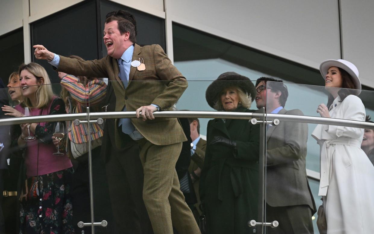 The Queen looks on as her son, Tom Parker Bowles, cheers from the royal box