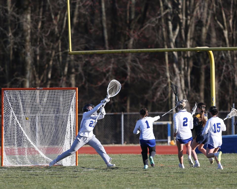 Highland's Leah Klotz shoots to score on Valley Central's Madison Roszkowski during the Viking's home opener on March 21 2024.