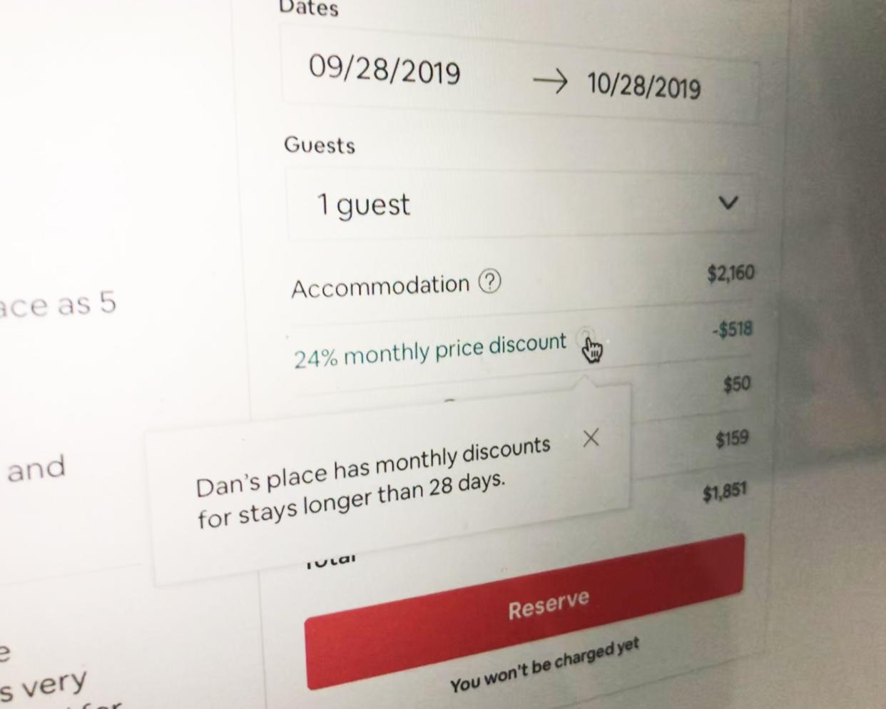 airbnb website with host who offers monthly discount