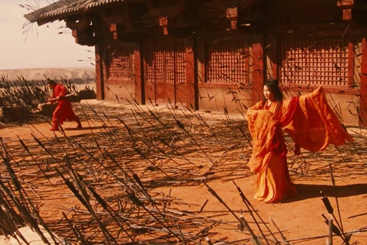 Maggie Cheung stands on a roof riddled with arrows in Hero.