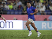 Samoa's Motu Matu'u leaves the field after been shown a yellow card during the Rugby World Cup Pool A game between Russia and Samoa at Kumagaya Rugby Stadium, Kumagaya City, Japan, Tuesday, Sept. 24, 2019. (AP Photo/Jae Hong)