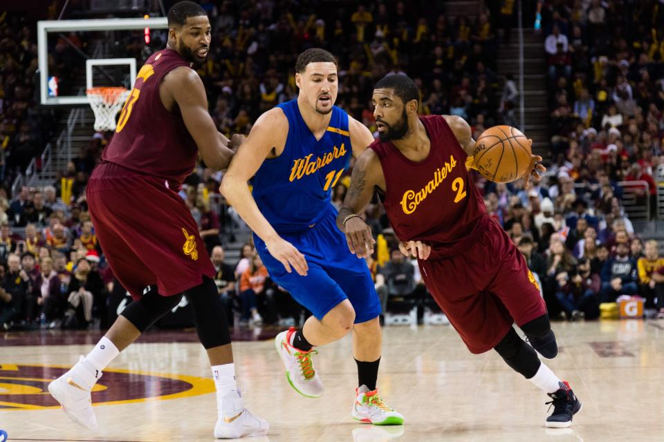 Klay Thompson and Kyrie Irving will lock horns in this year's Three-Point Contest. (Getty Images)