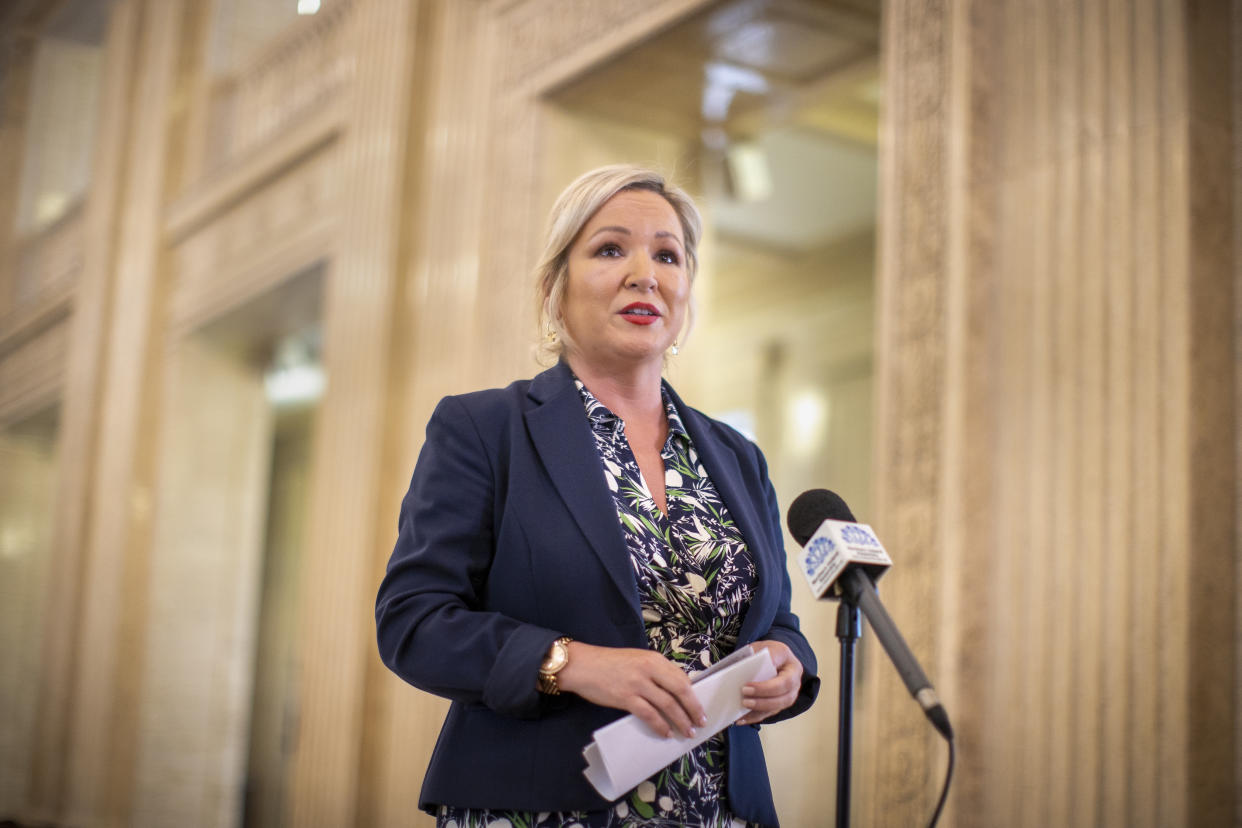 Sinn Fein Vice President Michelle O'Neill speaks to the media in the Great Hall at Parliament Buildings, Stormont, Belfast as the Bill to amend the Northern Ireland Protocol is introduced in Parliament amid controversy over whether the legislation will break international law.