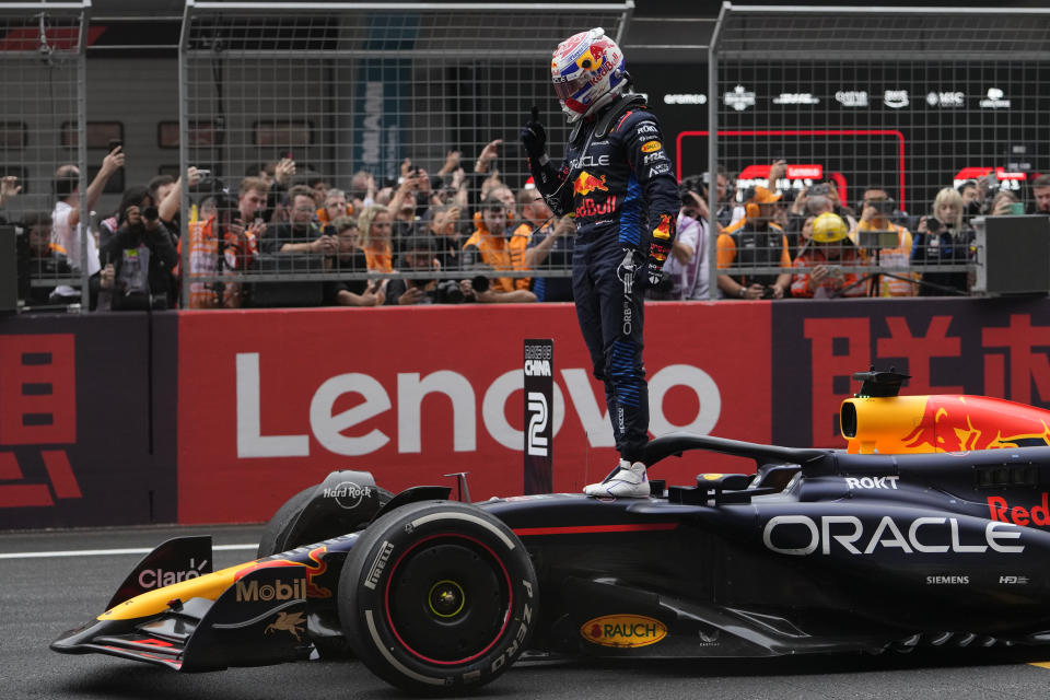 Red Bull driver Max Verstappen of the Netherlands celebrates after winning the Chinese Formula One Grand Prix at the Shanghai International Circuit, Shanghai, China, Sunday, April 21, 2024. (AP Photo/Andy Wong)