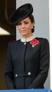 <p>Duchess Kate attended the somber Remembrance Sunday memorial at the Cenotaph in London<a href="https://www.townandcountrymag.com/style/fashion-trends/a24851861/kate-middleton-black-coat-pippy-pin-remembrance-sunday-2018-photos/" rel="nofollow noopener" target="_blank" data-ylk="slk:wearing a black Alexander McQueen coat;elm:context_link;itc:0;sec:content-canvas" class="link "> wearing a black Alexander McQueen coat</a> with a crimson poppy pin on the front.</p>