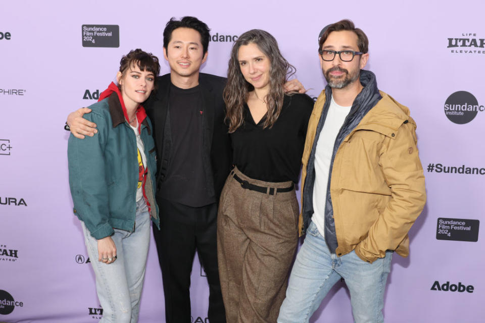 PARK CITY, UTAH - JANUARY 19: (L-R) Kristen Stewart, Steven Yeun and Co Director/Writers, Sam Zuchero and Andrew Zuchero attend the "Love Me" Premiere during the 2024 Sundance Film Festival at Eccles Center Theatre on January 19, 2024 in Park City, Utah. (Photo by Dia Dipasupil/Getty Images)