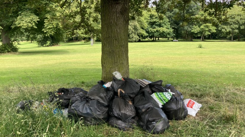 Bags of rubbish left near a tree in park