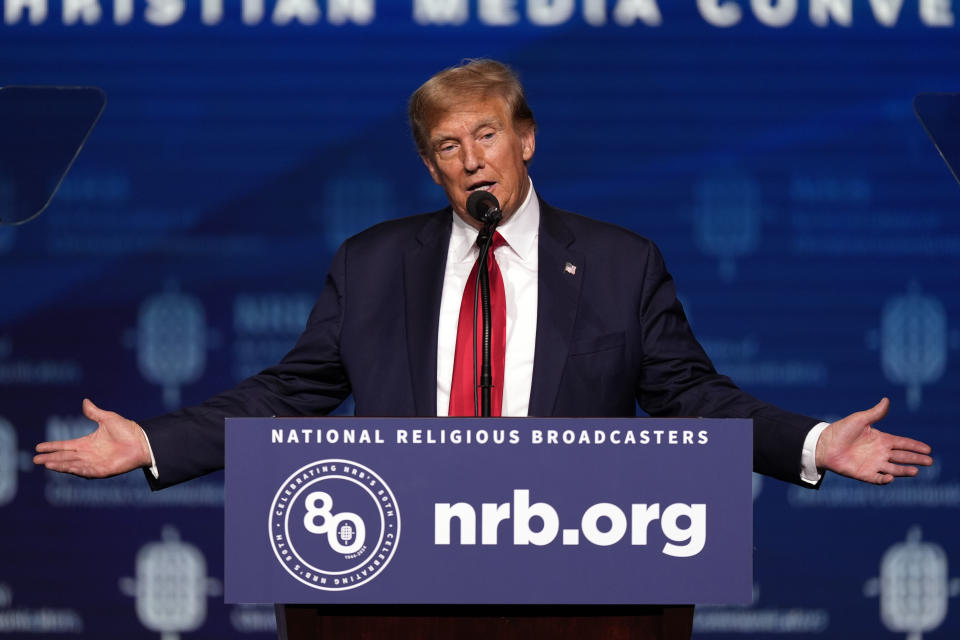 Republican presidential candidate former President Donald Trump speaks at the National Religious Broadcasters convention at the Gaylord Opryland Resort and Convention Center Thursday, Feb. 22, 2024, in Nashville, Tenn. (AP Photo/George Walker IV)