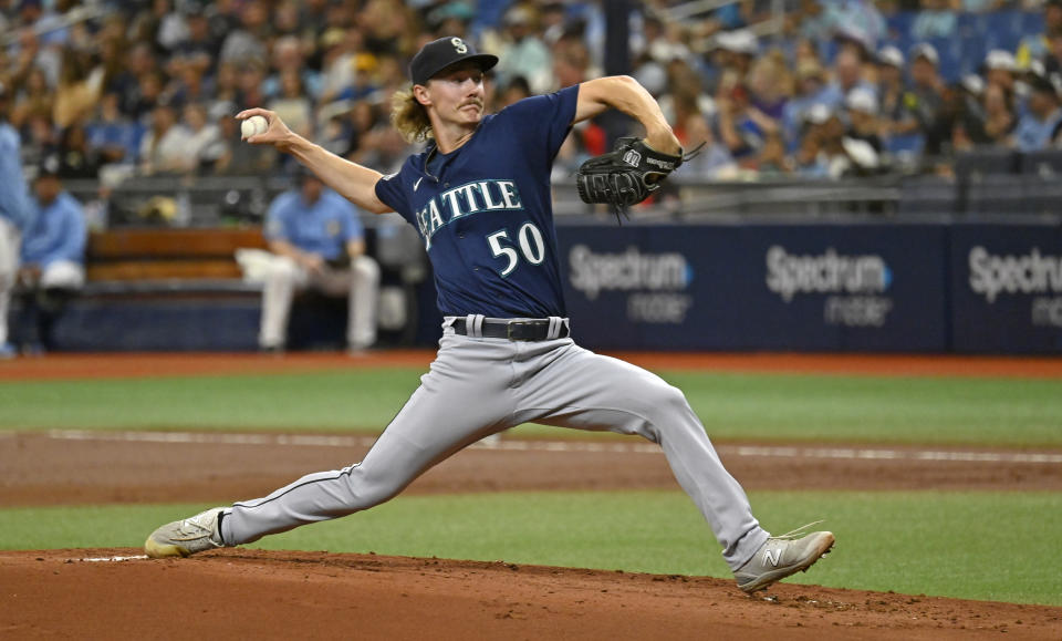 Seattle Mariners starter Bryce Miller pitches against the Tampa Bay Rays during the first inning of a baseball game Sunday, Sept. 10, 2023, in St. Petersburg, Fla. (AP Photo/Steve Nesius)